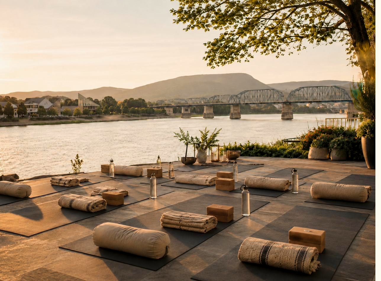 Yoga mats, bolsters, and blocks set for an outdoor session on the Chattanooga riverfront at golden hour, with the Walnut Street Bridge in the background